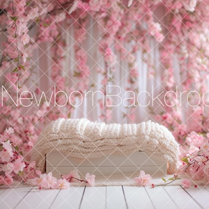 Cherry Blossoms Backdrop, Floral Newborn Backdrop, Spring Floral Digital, Baby Props, Photography Backdrop, Bed Digital Backdrop, Cherry