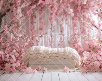 Cherry Blossoms Backdrop, Floral Newborn Backdrop, Spring Floral Digital, Baby Props, Photography Backdrop, Bed Digital Backdrop, Cherry