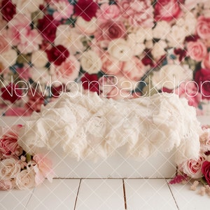 Roses Newborn Backdrop, White Bed Newborn Backdrop, Spring Floral Digital, Baby Props, Photography Backdrop, Bed Digital Backdrop