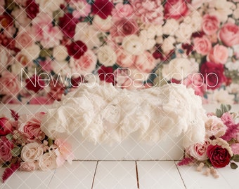 Roses Newborn Backdrop, White Bed Newborn Backdrop, Spring Floral Digital, Baby Props, Photography Backdrop, Bed Digital Backdrop