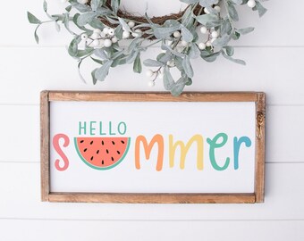 Hello Summer Watermelon Wooden Farmhouse Sign, Summer Shelf Decor, Fruit Wall Art, Beach House Sign