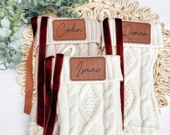 Personalized Knitted Christmas Stockings with Velvet Ribbon, Custom Holiday Stockings,Engraved Leather Tag Cable Knit Stocking