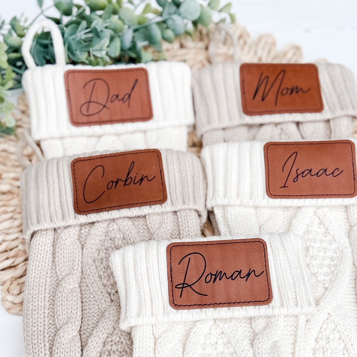 Personalized Knitted Family Christmas Stockings With Leatherette Engraved Name Tag, Custom Holiday Stockings, Cable Knit Stocking - Etsy
