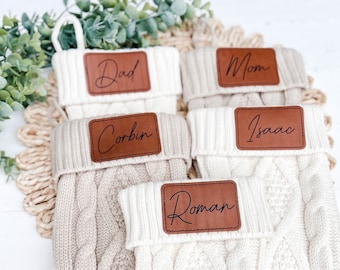 Personalized Knitted Family Christmas Stockings with Leatherette Engraved Name Tag, Custom Holiday Stockings, Cable Knit Stocking