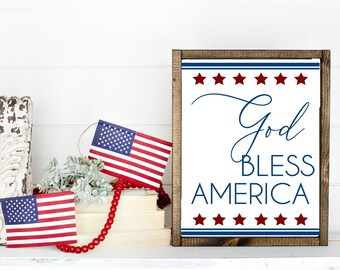 God Bless America Farmhouse Wood Sign, Fourth of July Sign, Red White and Blue Patriotic Decor