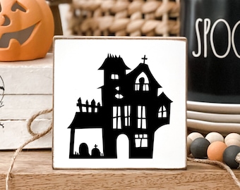 Haunted House Wood Block Sign, Halloween Tiered Tray Decor, Halloween Wooden Sign, Haunted House Halloween Decoration