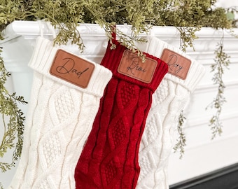 Personalized Knitted Family Christmas Stockings with Leatherette Engraved Name Tag, Custom Holiday Stockings, Cable Knit Stocking