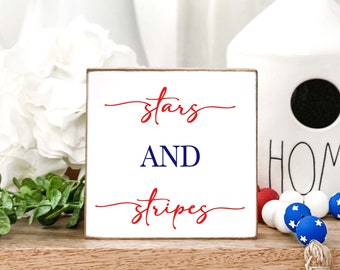 Stars and Stripes Wood Block Sign, 4th of July Patriotic Decor, Red White and Blue Tiered Tray Decor, Americana Shelf Sitter