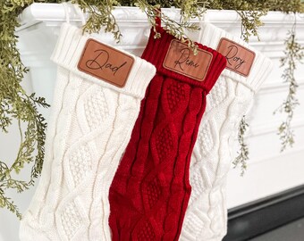 Personalized Christmas Stocking with Leatherette Engraved Name Tag, Family Christmas Stockings, Custom Holiday Stocking, Cable Knit Stocking