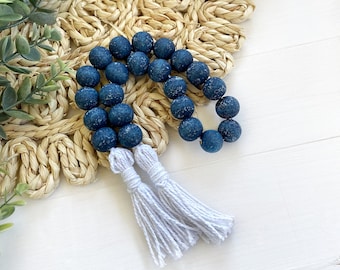 Nautical Wood Beaded Garland, Navy Blue Tiered Tray Beads, Beach House Decor, Coastal Farmhouse Garland for Mantle