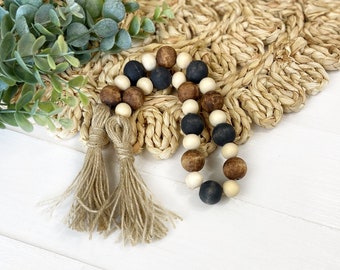 Neutral Wood Bead Garland, Farmhouse Beads, Tiered Tray Decor, Decorative Beaded Garland, Fireplace Mantle Garland, Natural Wooden Beads