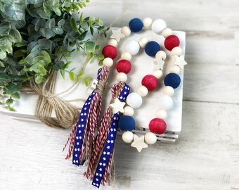 Patriotic Wood Bead Garland, Red White and Blue 4th of July Decor, Summer Tiered Tray Decor, Star Wooden Bead Garland