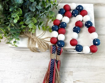 Red White and Blue Wood Bead Garland, 4th of July Decor, Patriotic Wooden Bead Garland, Independence Day Tiered Tray Decor