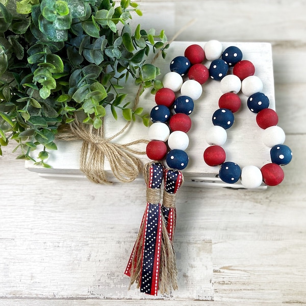 Red White and Blue Wood Bead Garland, 4th of July Decor, Patriotic Wooden Bead Garland, Independence Day Tiered Tray Decor