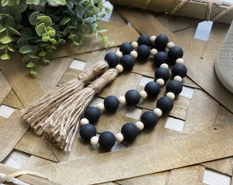 Wood Bead Garland, Farmhouse Beads, Wooden Bead Garland Tiered Tray Decor, Black Rustic Garland