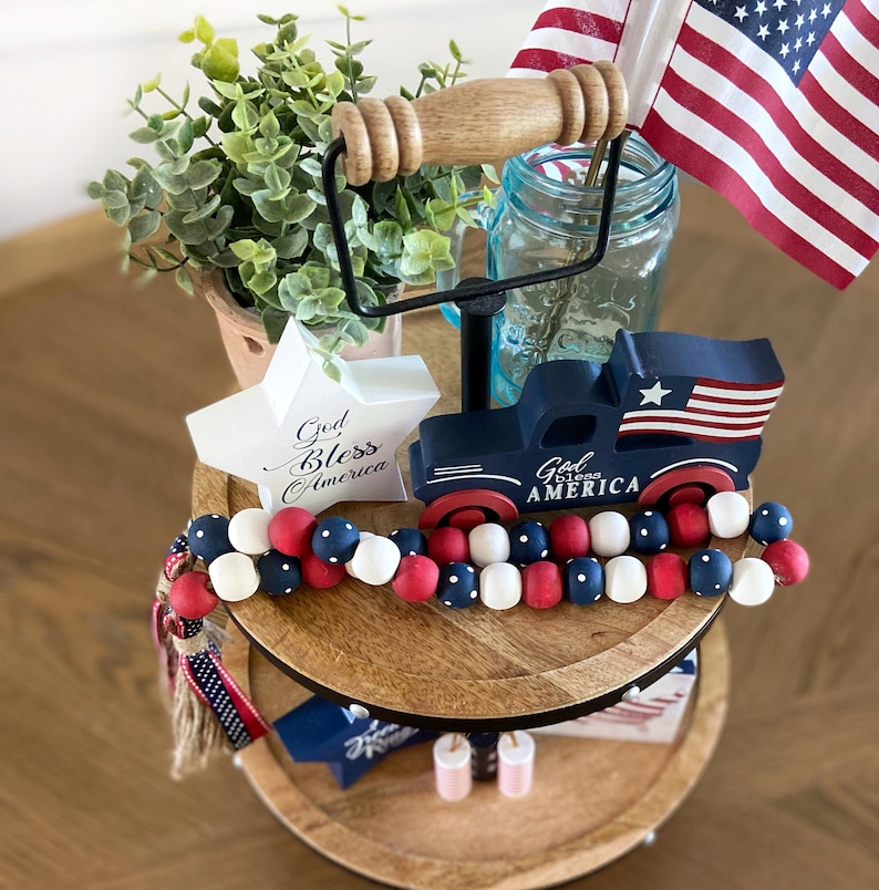 Red White and Blue Wood Bead Garland, 4th of July Decor, Patriotic Wooden Bead Garland, Independence Day Tiered Tray Decor image 2