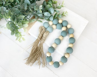 Boho Wooden Bead Garland, Teal Decorative Beads, Costal Coffee Table Decor, Farmhouse Beads, Tiered Tray Decor, Wooden Bead Garland