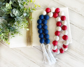 4th of July Wooden Bead Garland, Patriotic Decor, Red White and Royal Blue Americana Decor, Boho Garland Coffee Table Decor, Tassel Garland