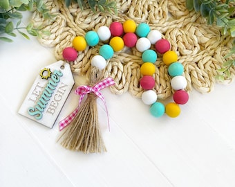 Summer Beaded Garland, Colorful Tiered Tray Decor, Beach House Decor, Summer Wood Bead Garland