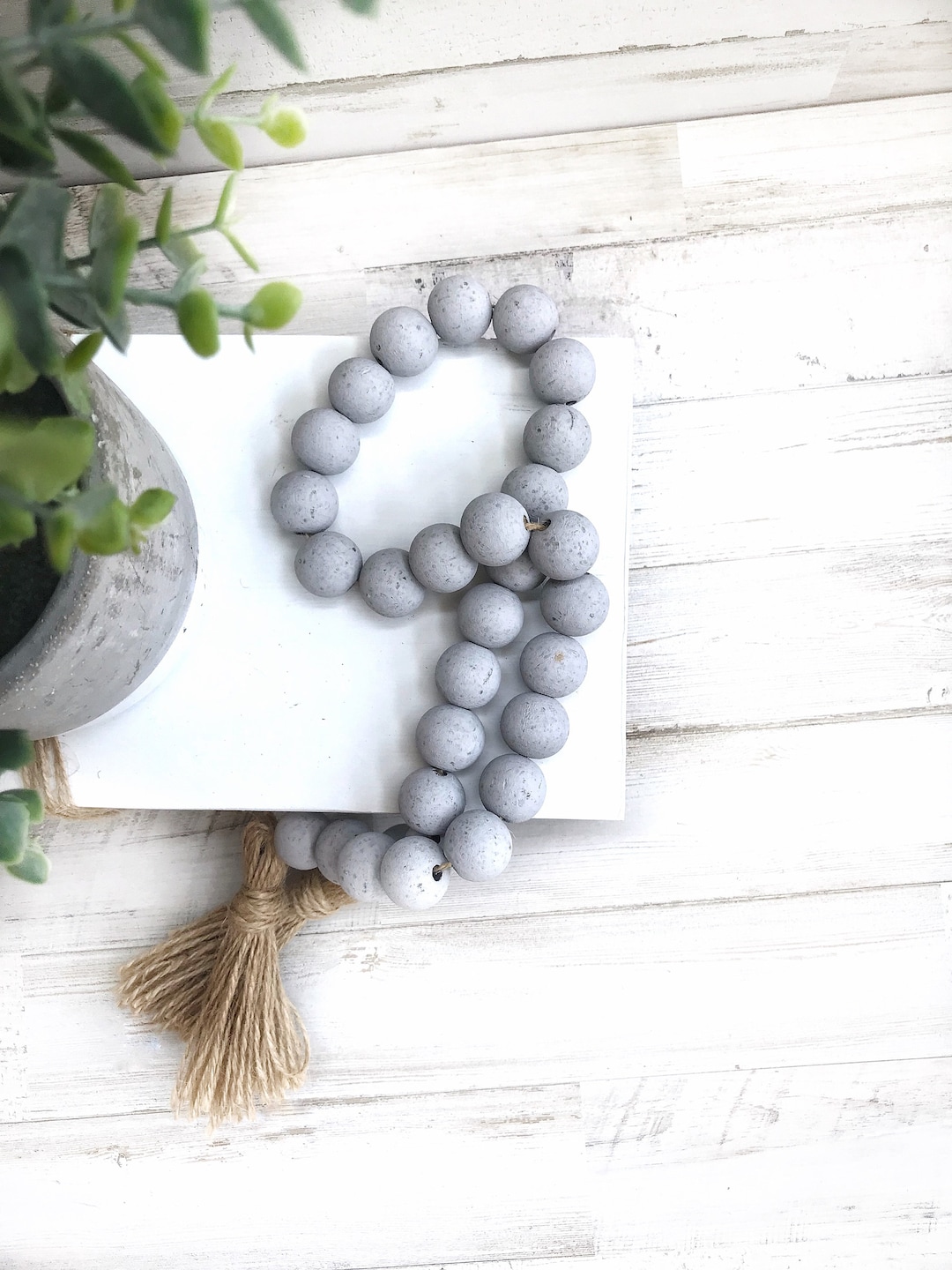 Gray Distressed Wood Bead Garland, Tiered Tray Decor, Decorative