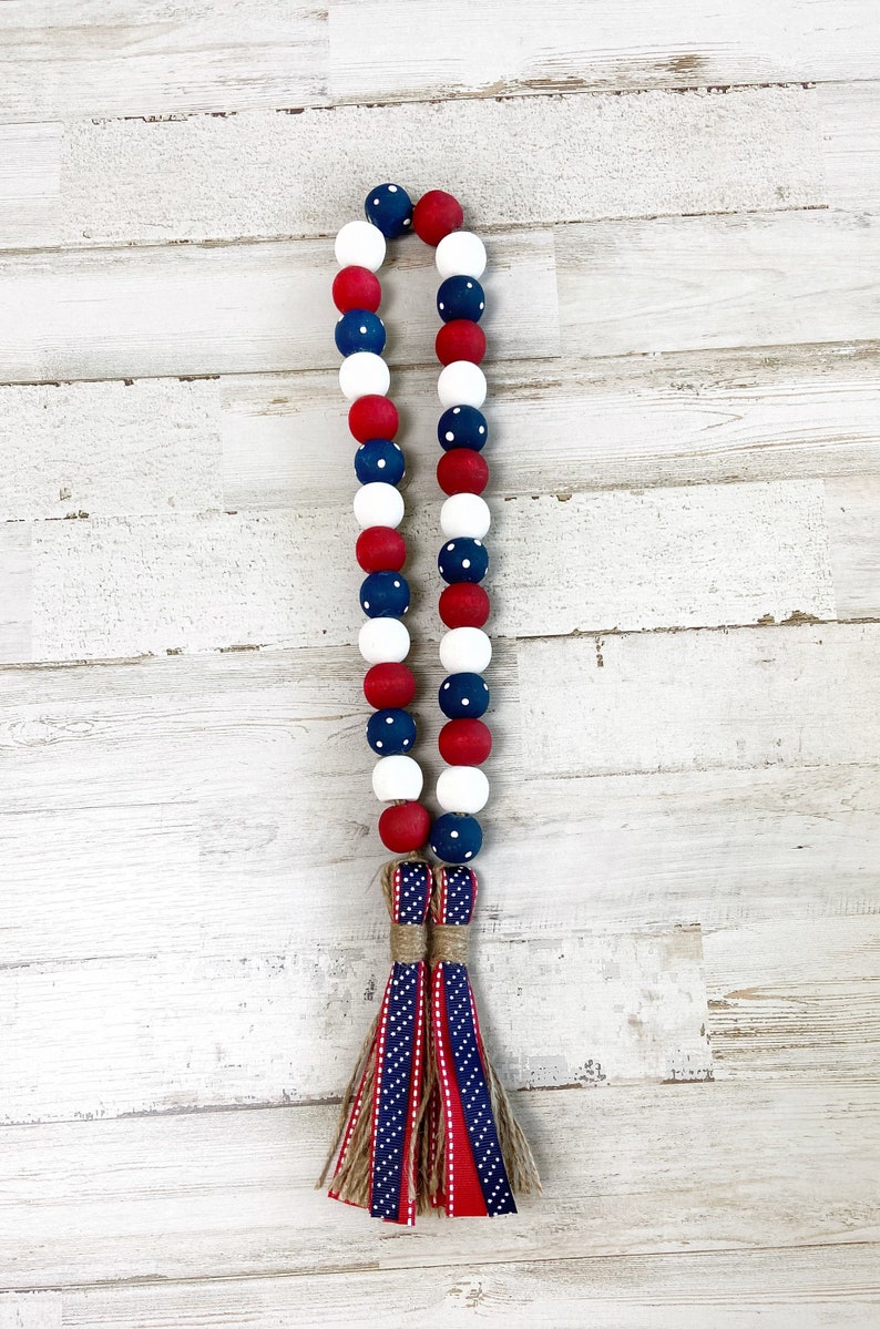 Red White and Blue Wood Bead Garland, 4th of July Decor, Patriotic Wooden Bead Garland, Independence Day Tiered Tray Decor image 5