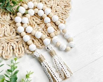 Spring Wooden Bead Garland with Lace Tassels, Shabby Chic Decor, Farmhouse Beads, Distressed Wood Bead Garland, Tiered Tray Decor