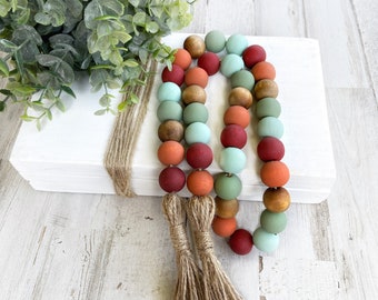 Earth Toned Fall Garland, Wooden Bead Garland, Coffee Table Decor Beaded Garland, Fall Tired Tray Decorations, Mantel Garland