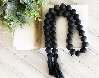 Boho Garland, Wooden Bead Garland, Coffee Table Decor, Aesthetic Room Decor, Black Tassel Garland, Wooden Beads Farm House Decor