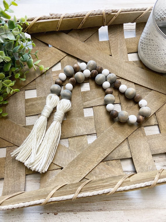 Stained Wood Decorative Beads for Coffee Table, Dark Wood Beads Garland  With Tassels, Boho Wooden Beads With Texture Jute Knots, House Beads 