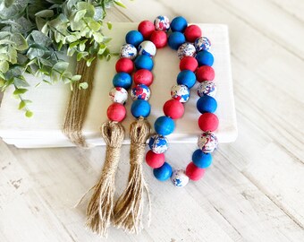 Fourth of July Wooden Bead Garland, Americana Decor, Patriotic Decorative Beads, 4th of July Shelf Decor, Farmhouse Beads