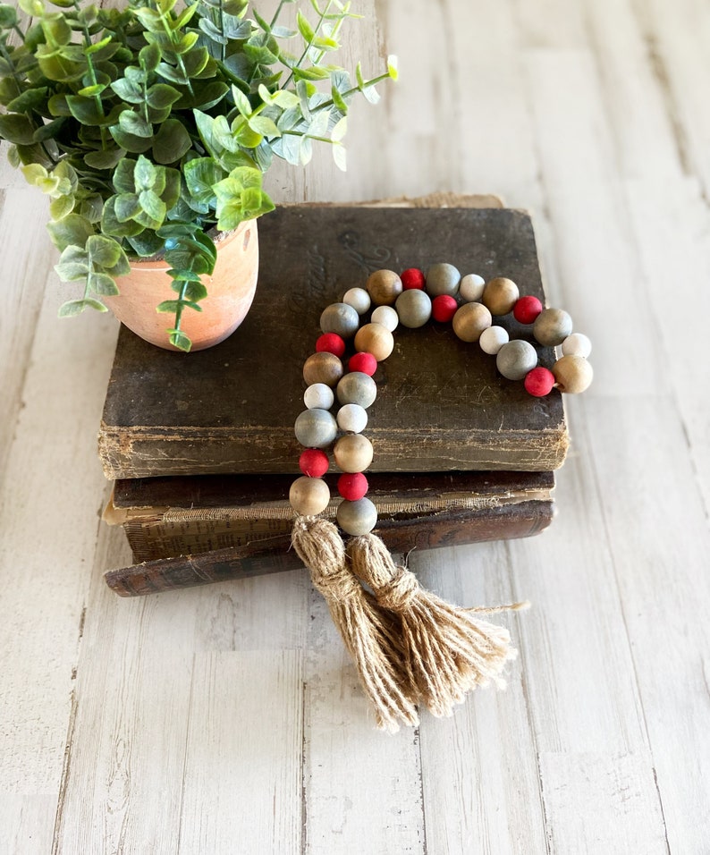 Stained Wood Bead Garland, Christmas Bead Garland, Farmhouse Beads Tiered Tray Decor, Red Wooden Bead Garland image 4