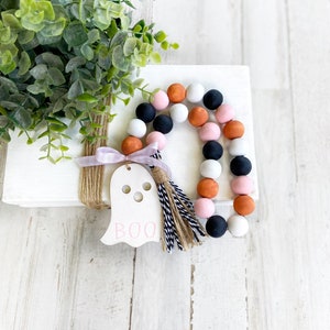 Cute Ghost Halloween Garland, Pink Halloween Decor, Fall Wooden Bead Garland, Ghost Tiered Tray Decor
