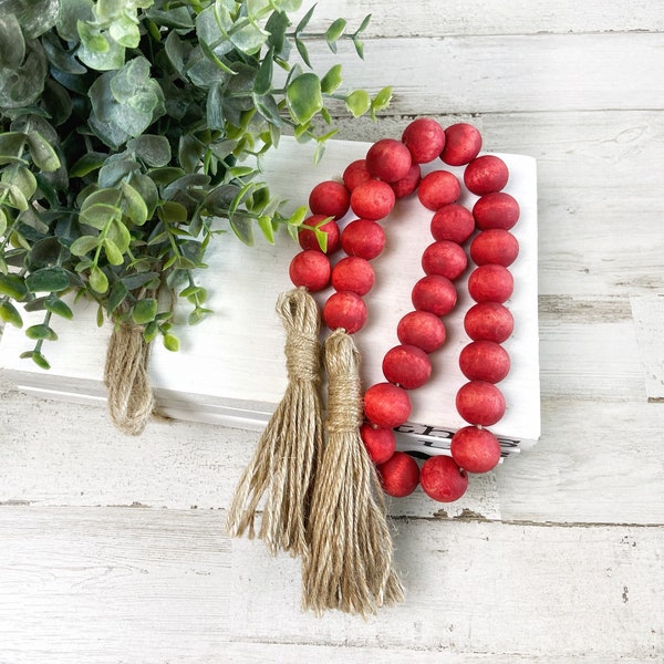 Rustic Wood Bead Garland, Red Wood Bead Tassel Garland, Farmhouse Beads Tiered Tray Decor,