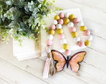 Butterfly Wooden Bead Garland, Butterfly Decor, Spring Shelf Decor, Boho Garland, Summer Decor, Wood Bead Garland