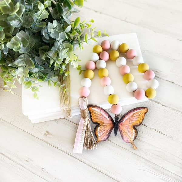 Butterfly Wooden Bead Garland, Butterfly Decor, Spring Shelf Decor, Boho Garland, Summer Decor, Wood Bead Garland