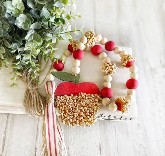 Caramel Apple Fall Garland, Farmhouse Wooden Bead Garland, Apple Tiered Tray Decor, Beaded Garland