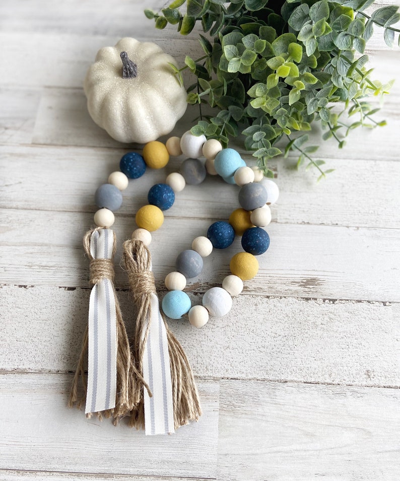 Wooden Bead Garland Fall Decor Bead Garland Blue Farmhouse | Etsy