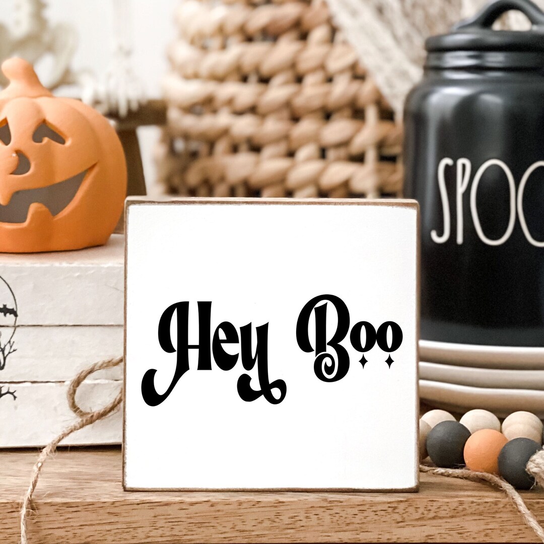 Hey Boo Halloween Wood Block Sign, Halloween Decorative Tray Wooden ...