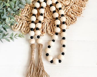 Wood Bead Garland, Farmhouse Beads, Wooden Bead Garland Tiered Tray Decor, Black Rustic Garland