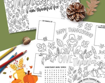 Thanksgiving Placemats, Printable Thanksgiving Activity Mats For Kids, Thanksgiving Party, Friendsgiving, Thankful Activity Printables