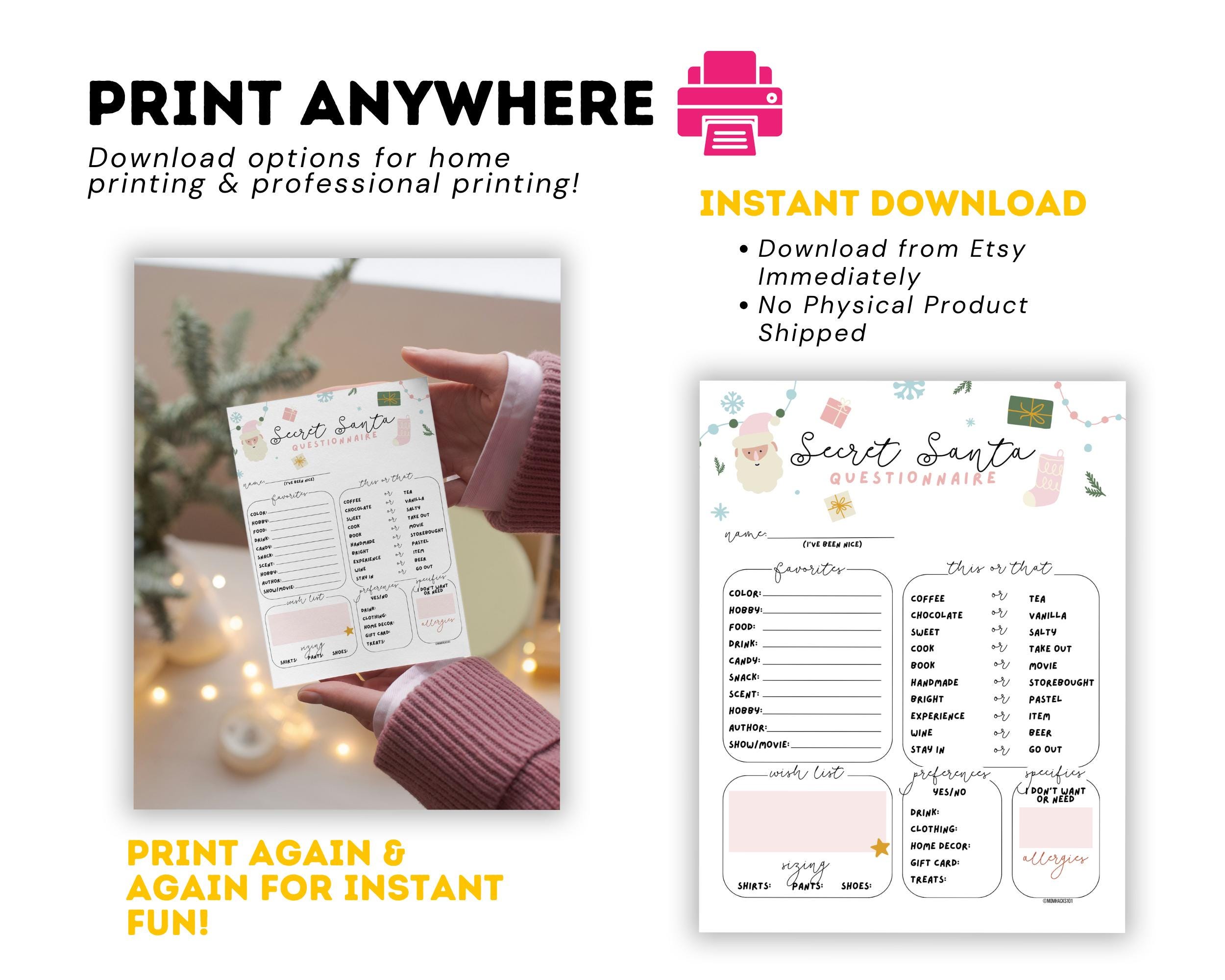 Questionnaire Example Cute Secret Santa Questionnaire Printable, Pretty in Pink Santa, Pink ...