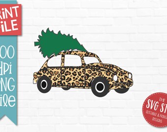 Christmas Sublimation PNG Design - Cheetah Car and Tree