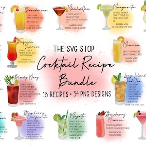 Cocktail Recipes Printable Bundle Watercolor Cocktails Illustrations Cocktail Sublimation Cocktail Recipe on Paint Splatter Backgroun image 1