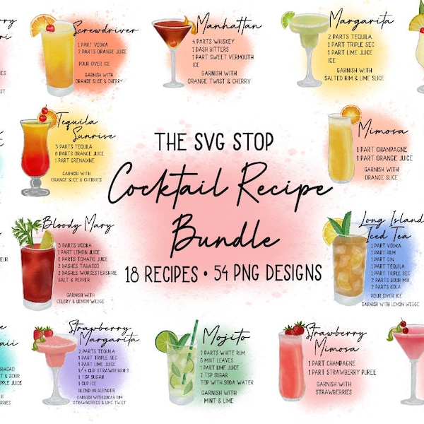 Cocktail Recipes Printable Bundle - Watercolor Cocktails Illustrations - Cocktail Sublimation - Cocktail Recipe on Paint Splatter Backgroun