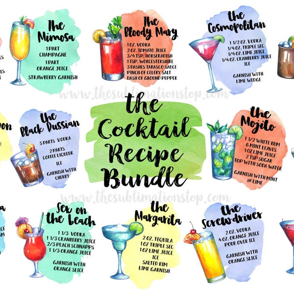 Cocktail Recipes Printable Bundle - Sublimation Design - Printable - PNG Transparent - Digital Download Sent By Email (NOT INSTANT)