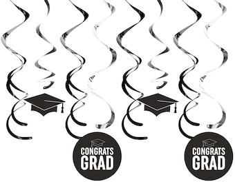 Black and White Graduation Hanging Decorations, Grad Deluxe Dizzy Danglers,  2024 Graduation Party Supplies Decor - Party Decoration Swirls
