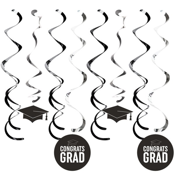 Black and White Graduation Hanging Decorations, Grad Deluxe Dizzy Danglers,  2024 Graduation Party Supplies Decor - Party Decoration Swirls