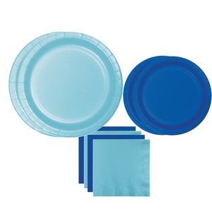 May include: A set of blue and light blue paper plates and napkins. The plates are round and the napkins are square. The plates are stacked on top of each other and the napkins are stacked on top of each other.