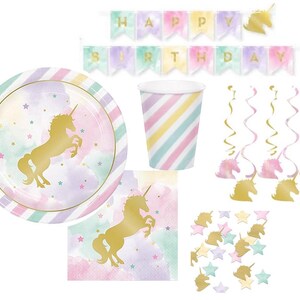 May include: A unicorn-themed party supply set featuring a paper plate, a cup, a napkin, a Happy Birthday banner, hanging swirls, and confetti. Each item displays pastel watercolor patterns, gold unicorn silhouettes, and small colorful stars.