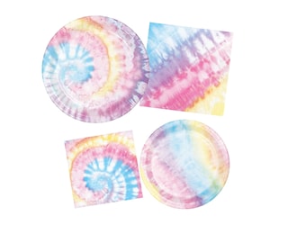 May include: Four tie-dye patterned paper plates and napkins. The plates and napkins feature a swirl design in shades of pink, blue, and yellow.